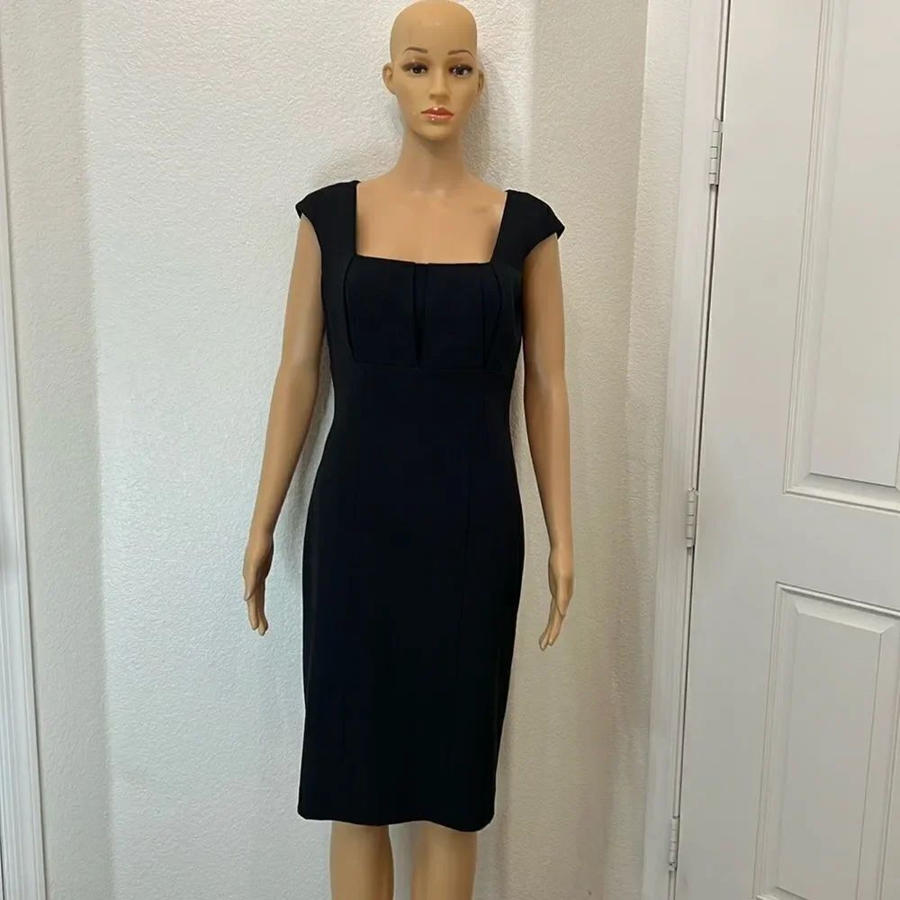Calvin Klein Dress Sz 8 Black Square Neck Pleated Bust Capped Sleeve Sheath Midi